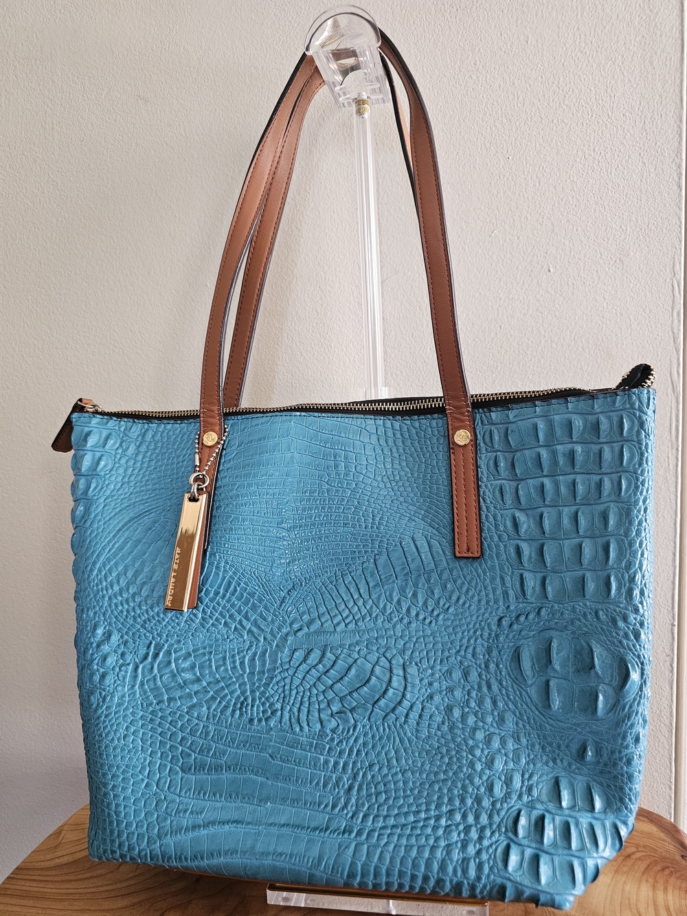 Kate Landry Turquoise Croc-Embossed Tote with Brown Straps - Picture 2 of 9